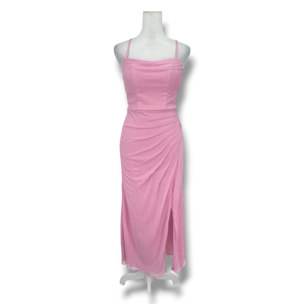 Azazie Pink Ruched‎ Mesh Midi Maxi Dress 0 Draped Neck Wedding Guest Prom Slit